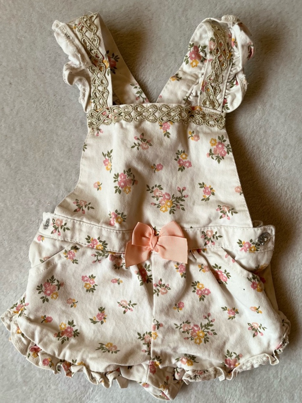 Cream Floral Girls' Overalls with Peach Bow